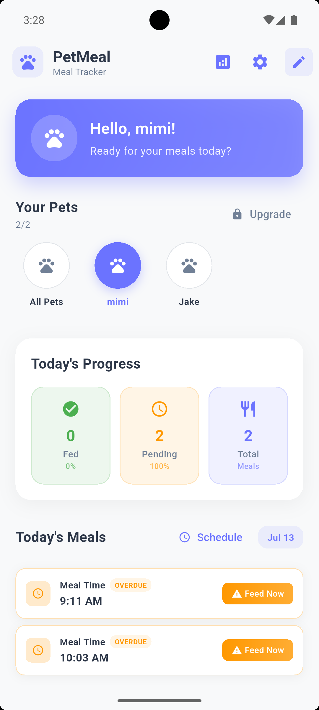 Screenshot of the PetMeal app showing pet meal scheduling features